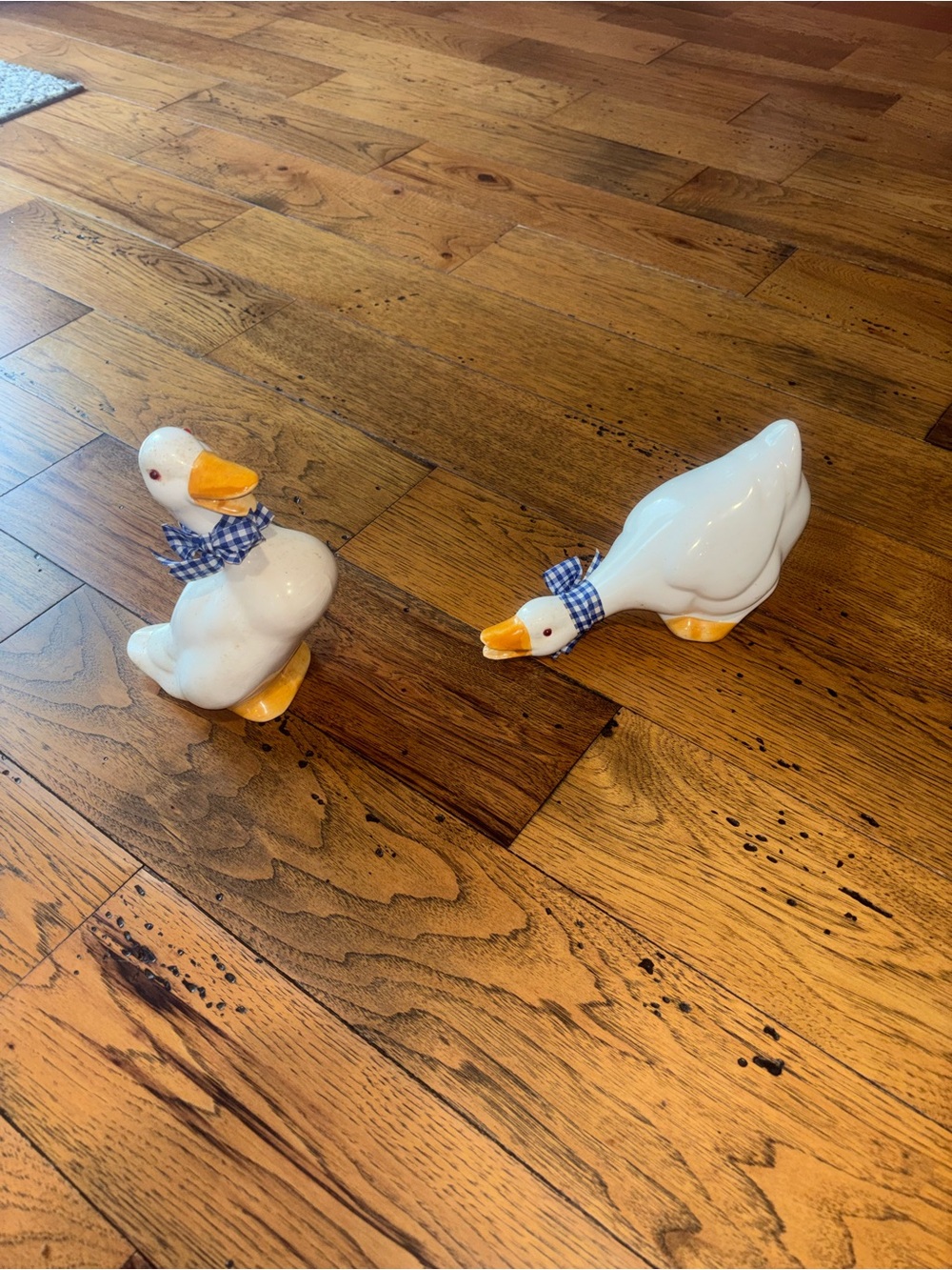 Vintage Ceramic Duck Figurines with Blue Gingham Bows Cottagecore Country Chic